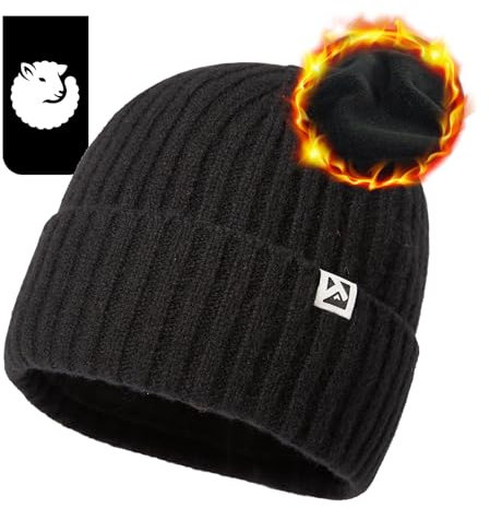 TOP-EX Übergroße XL/XXL Herren Damen 100% Merinowolle Winter Beanie mit Fleece-Futter Strickmütze für große Köpfe langlebige Mütze für kaltes Wetter warm Schwarz X-Large extra große Köpfe
