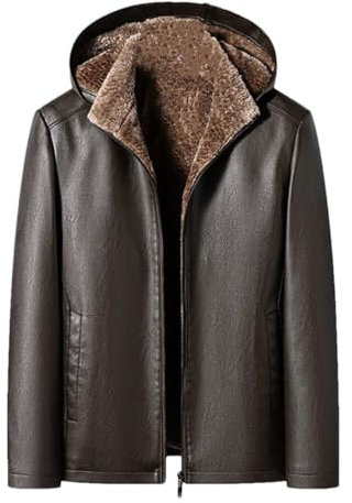 Herbst Und Winter Herren Lederjacke Dicke Schaffell Mäntel Mode Mit Kapuze Fleece Ledermäntel, 2367-Kaffee, L
