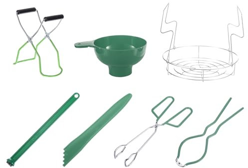 sourcing map Home Canning Kit Tools Set, 7 Pieces Canning Supplies Kits with Canning Jar Lifter Tongs, Can opener, Canning Jar Rack, Food clamp, Bubble Popper, Jar Lifter, Canning Funnel, Green