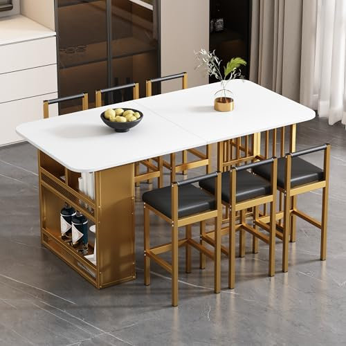 Kayan Essgruppe (Set mit Esstisch, 6 Stühlen), Küchentisch-Set mit Stahlgestell, Zeitgemäßer Rechteckiger Esszimmertisch, Esszimmerstühle, Weiß und Gold