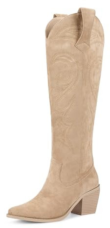 wetkiss Kniehohe Cowboy-Cowgirl-Stiefel für Damen, mit einzigartiger Stickerei, seitlichem Reißverschluss und klobigem Absatz-Design, E-Aprikose, 40 EU