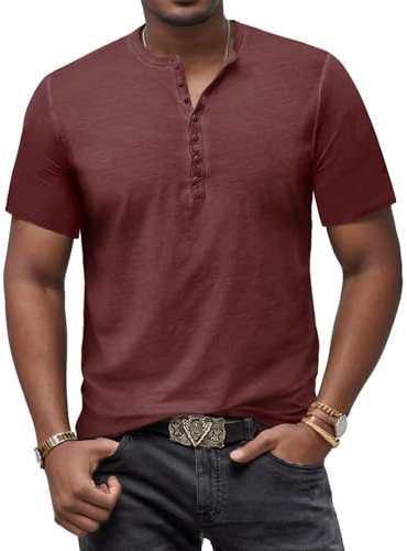 YawYews Tee Shirt Homme Tshirt à Manches Courtes Coton Henley Vintage Col Rond Boutons Longue pour Homme Rose XL