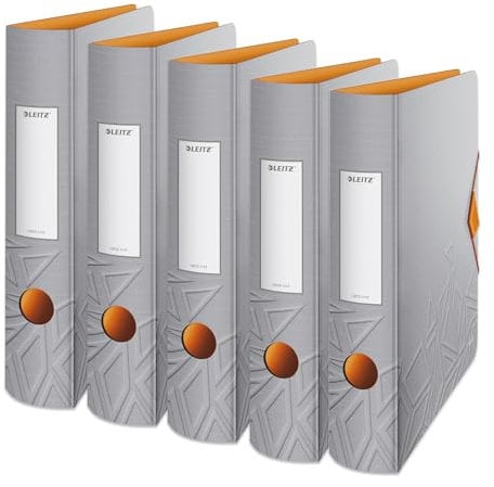 Leitz Qualitäts-Ordner 180° Active, 5er Pack, A4, Schmal, Abgerundeter Rücken, 6,5 cm breit, Gummibandverschluss, Leichtes Polyfoam, Plastik-Ordner, Urban Chic Serie, Grau, 11170088