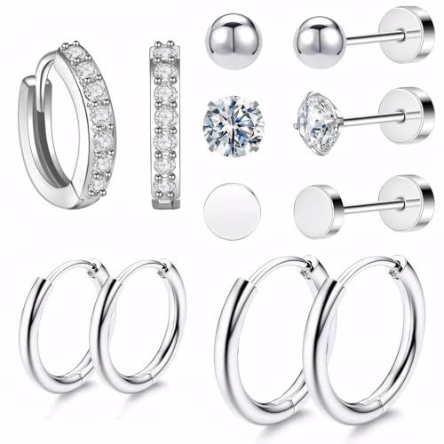 Mxlfdc 6 Paires Sterling Silver Stud Earrings for Women, Titanium Flat Back Earrings, Hypoallergenic Multiple Piercing Cartilage Small Hoop Earrings Set