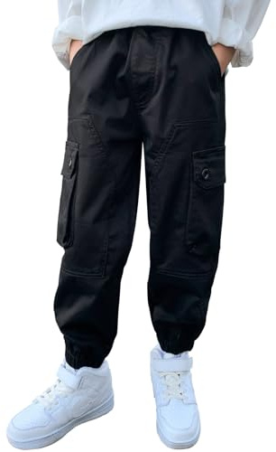 Pantalon Cargo pour Garçon,Style décontracté, Taille élastique, Enfant Jogging Uniforme Scolaire Pantalon de Sport(21011Noir,14-16ans)