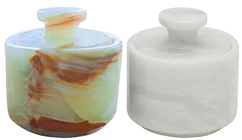 Marble Hives Marble Salt Cellar with Lid- Pack of 2 Marble Salt and Pepper Bowls- Salt Holder with Lid to Put Salt, Paprika, Pepper, and Spice (Onyx Green & White, Style 01)