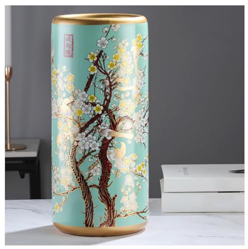 LFIEVO Keramik-Schirmständer Multifunktionaler Aufbewahrungs-Regenschirmständer mit Handgemaltem Blumenmotiv Rutschfester Boden Einrichtungsvase (44x19,5cm)