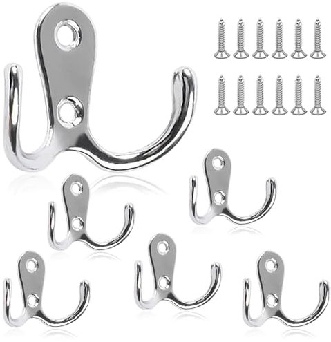 Tovbmup Double Prong Coat Hook Robe Hooks,6 PCS Dual Coat Door Hooks, with 12 PCS Screws, Wall Mounted Hanging Clothes Metal Door Hooks for Bedroom Bathroom Kitchen