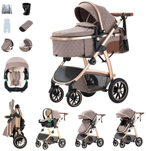 Zkiprm 3 in 1 Kinderwagen, Reisesystem, Buggy & Car sitz, Höhenverstellbare Armlehnen und Kinderwagen mit Aluminiumgestell/Moskitonetz/Baumwollmatte, für Neugeborene 0-4 Jahre