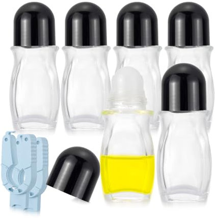 Rowiz 6pcs 50ml Clear Roll On Bottles with Plastic Roller Balls Glass Rollerball Deodorant Container with 2pcs Openers Refillable Glass Roller Bottles for Essential Oil, Perfume (Black Caps)