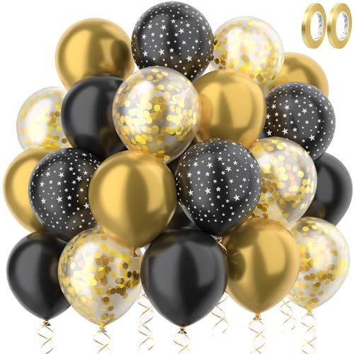 RISEMART deko Gold Schwarz Sterne deko mit Gold Konfetti deko hochzeit Set 60 Stück luft-ba-llons 30cm Helium deko mit 2 Rollen goldener Band