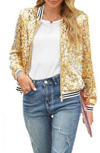 Damen Pailletten Jacke Sparkly Langarm Front Reißverschluss Bomberjacke Casual Loose Fit Going Out Coat Streetwear, A-Gold, XL