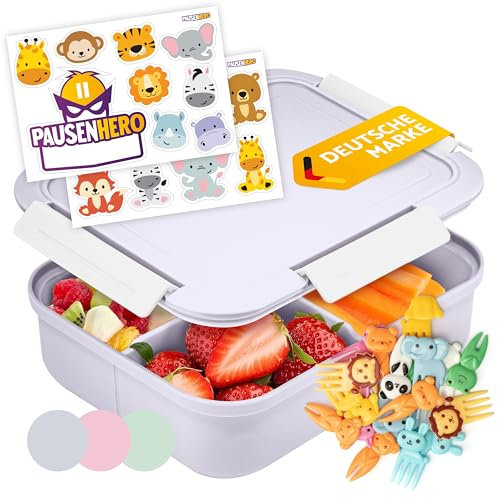 Pausenhero Brotdose Kinder mit Fächern [Obstgabeln + Sticker Set Grau] Brotdose Schule Snackbox mit Fächern Bento Box Lunchbox Kinder Lunchbox Erwachsene Bento Box Kinder Brotbox