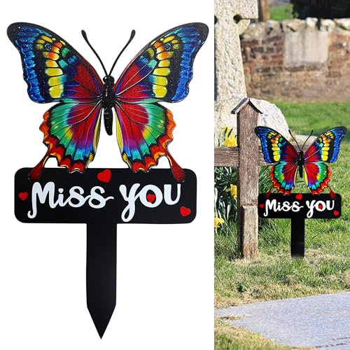 LOSFOTBO Memorial Grave Markers Heart Memorial Plaque Stake Large Cemetery Decorations for Grave Miss You Memorial Metal Grave Markers for Mom Dad Cemetery Outdoors Yard Garden (Butterfly)