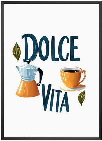 MJ-GRAPHICS® Poster Dolce Vita Bilder Küche Bild A4 Espresso Kocher Tasse Küchenbilder Deko Wohnzimmer Poster Küchen Bilder Küche Deko Bilder Vintage Barista Wandbilder Kaffee Deko – ohne Rahmen