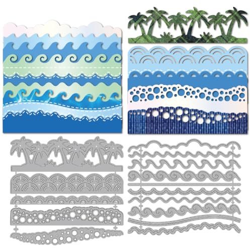 MAYJOYDIY Meereswellenrand Metall Stanzschablonen Kokosnussbaum Prägeschablone Stanzformen Meeresblasen Papierbastel Stanzschablonen Für Scrapbooking Handwerk DIY Geburtstagskarten