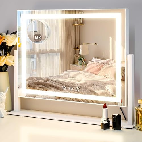 LuxeVue Vanity Mirror with Lights, 40×30cm LED Makeup Mirror, Light Up Vanity Mirror with 3 Colors Dimmable Strip Light, Dimming Touch Sensor, Detachable 15X Spot Magnifying, 360°Rotation (White)
