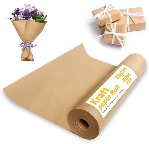 Braun Kraftpapier 30cmx30m Geschenkpapier Kraftpapierrolle 80g/m² für Verpackung, Kunsthandwerk, Packpapier, Geschenkpapier rolle, Verpackungsrolle für Post, Pakete
