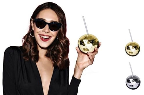 LP Divertissements Lot de 6 - Gobelet Cocktail Boule à façettes Or avec Paille 58cl