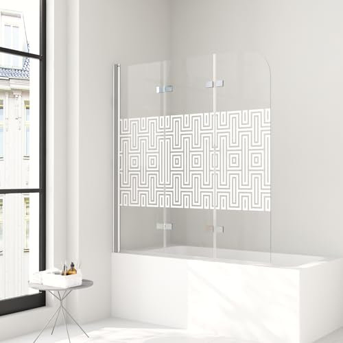 Badewannenaufsatz mit Weißem Muster 140 x 140 cm 3-teilig Duschwand für Badewanne faltbar mit 6 mm Sicherheitsglas (ESG) Duschabtrennung für Badewanne