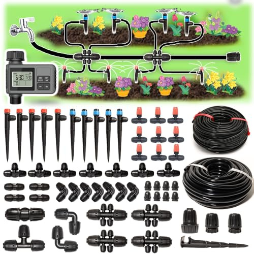 Sistema de riego por goteo 70M con temporizador para kit de jardín, equipo de riego automático, grifos de bloqueo de microgoteo, pulverizador de 360 grados, kit de riego para invernadero de 1/2