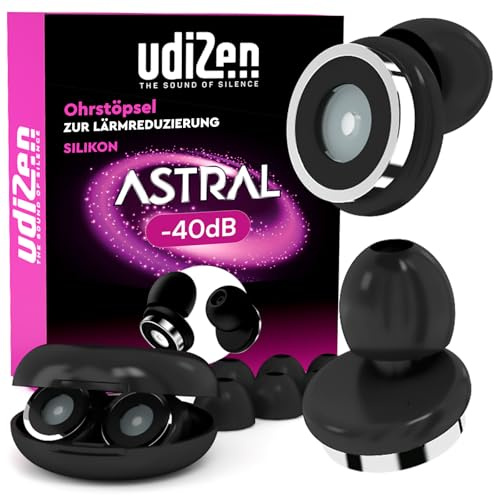 Ohrstöpsel mit Geräuschunterdrückung für Reisen Schlafen Lernen -40dB UdiZen Astral - 1 Paar ergonomische wiederverwendbare Ohrstöpsel Geräuschreduzierung SNR 40dB Farbe Schwarz mit Hartschalenkoffer