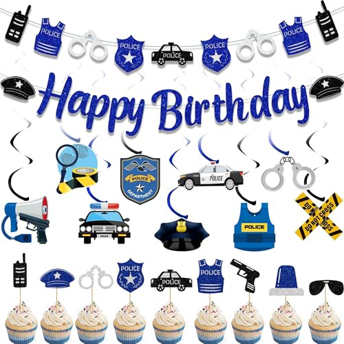 Polizei Geburtstag Deko Girlande Junge - 20 Stück Polizist Deko Kindergeburtstag mit Happy Birthday Banner, Polizeiauto Cupcake Topper und Hängende Wirbel for Police Mottoparty Dekoration