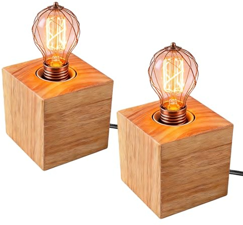 PORFOYO 2 Stück Tischlampe Holz, E27 Nachttischlampe Holzsockel, Kleine Tischlampe, Holz Lampenfassung E27 mit Kabelschalter für Schlafzimmer, Wohnzimmer, Büro (Ohne Glühbirne)