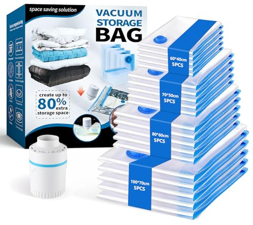 Sac Sous Vide Vetement Aspirateur avec Pompe,20 Pièces Sac Rangement Sous Vide(5XL+5L+5M+3S)-Optimisez l'espace de Votre dressing -Réutilisables pour Literie Vêtements Matelas Couettes Oreillers