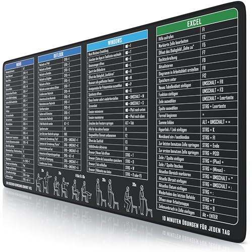 TITANWOLF - XXL Speed Gaming Mauspad 900 x 400mm - Excel Windows Outlook Word Shortcut Tastenkürzel auf DEUTSCH - Office Fitness Schwarz