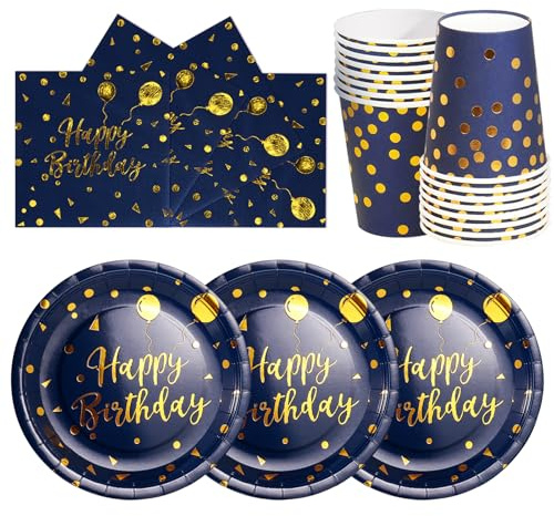 hailstones Apple Blue Gold Dots Party Tableware Set for 24 Guests, Happy Birthday Party Plates Set, Disposable Plates Cups Napkins Paper Plates, Kids Men Women Birthday Decor