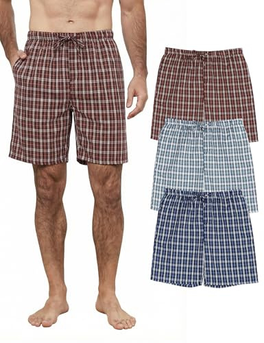 TeJoyce Bas de Pyjama Homme Coton, Lot de 3 Shorts Été, Léger et Respirant Carreaux Pyjashort à Cordon, Pantalon Court avec Poche de Nuit pour Dormir (Bleu Foncé + Bleu + Bordeaux, XL)