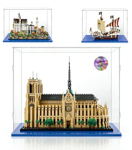 50x30x40 Vitrine für Lego Notre Dame,Schloss Neuschwanstein,Flying Lamb | für 21061 21063 75639 71411 31109 42670 60419 76294,Transparent Acryl,Einfach zu Installieren,Staubschutz,Blaue Basis