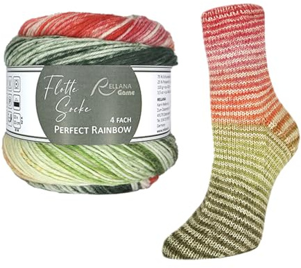 Rellana Flotte Socke 4-fach Pairfect Rainbow, Sockenwolle mit Farbverlauf, Zwei gleiche Socken stricken, mit Trennfaden, 100g, 420m (3123)