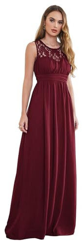 Babyonlinedress Robe de Soirée Femme Dentelle Longue de Mariage Demoiselle d'honneur Plissé sans Manches en Mousseline Bordeaux 36