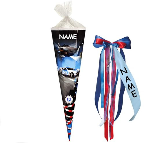 alles-meine.de GmbH Schultüte - Polizei Auto - Fahrzeug & Helikopter - 70 cm - rund - incl. Name und individueller großer Schleife - Filzabschluß - Zuckertüte - mit/ohne Ku..