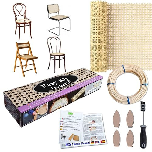 FacilCasa Reparación Silla Thonet, Kit Completo, Rollos de Cinta Tejida de ratán Mimbre, 4 Cuñas, Cincel, Manual de Instrucciones - Kit para 2 Asientos
