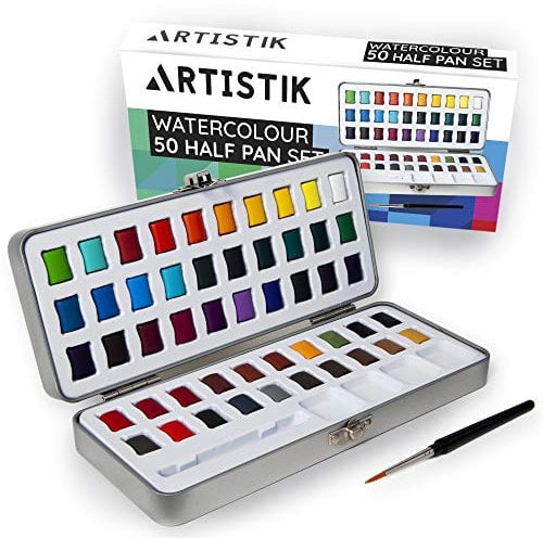 ARTISTIK Watercolour Paint Set - 50 Colours in Half Pan Palette and Portable Metal Tin Premium Quality Assorted Vivid Colour Paints with Paint Brush for, Beginners Students & Artists