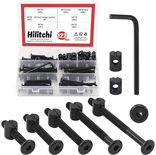 Hilitchi Lot de 120 vis à tête hexagonale M6 - Noires - Écrous cylindriques - Assortiment de matériel pour lit de bébé, meubles, berceaux et chaises (40 mm/50 mm/60 mm/70 mm/80 mm)