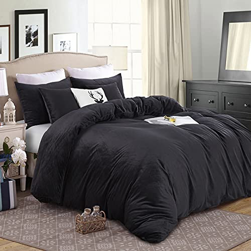 Michorinee Winter Plüsch Bettwäsche Set 220x240 Cashmere Touch Flauschig & Warme Coral Fleece Uni Bettbezug mit Reißverschluss - Schwarz | 220 x 240 cm + 2 x 80 x 80 cm