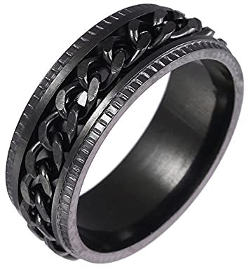 Yifnny Spinner Ring, Edelstahl Kette Spinner Ring Zappel Ring Verflechtungs-Spins Ring mit Gerillter Kante Coole Daumenring Schwarz Spinner Ringe für Damen Herren (Schwarz, 8)