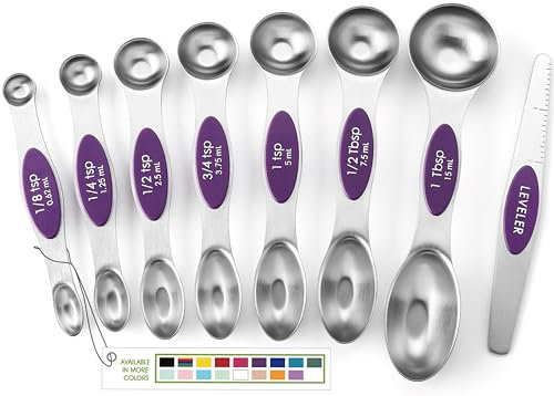 Spring Chef Purple Stainless Steel Magnetic Measuring Spoons Set of 8 with Leveler, Dual Sided Metal Teaspoon & Tablespoon Measuring Spoons, Kitchen Gadgets for Baking & Cooking, Fits in Spice Jars