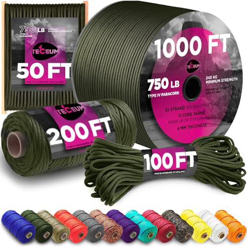 TECEUM Paracord Type IV 750 lb Army Green – 15 m – 4mm – 100% Nylon Strong Tactical MIL–SPEC Parachute Cord – Survival Rope Emergency 11 Strands Core EDC Camping Hiking Military Gear (50ft) 010a