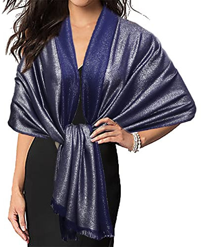 Gragengs Funken Metallic Pashmina Schals und Stola für Damen, Lange Party Tücher Einheitliche Farbe Zwei Töne,Navy/Silber