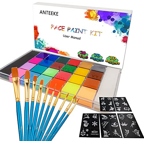 ANTEEKE Body Paint Gesichtsfarbe Kit 26 Wasserlösliche Professionelle Face Painting Palette Kinderschminke Set für Halloween/Weihnachten/Ostern/Karneval/Themenpartys/Colsplay Makeup Body
