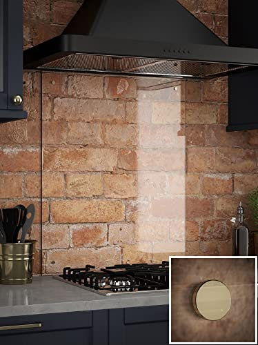 Clear Glass Kitchen Splashback (Gold Caps) 600mm x 750mm - Heat Resistant Splashback for Cookers/Hobs - Pre-drilled & Includes Fixing Kit