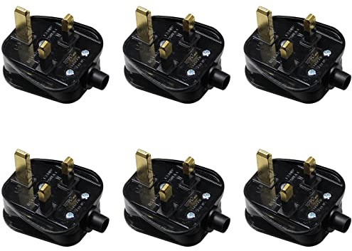 KC CABLE 13A fused plug, 3 Pin Plug 13 Amp Fused Mains Plugs UK Plug with Cord Grip Rewireable Heavy Duty Electrical Plug Durable for Home, Office Electrical Appliances and Devices (Black 6 pack)
