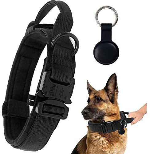 Verstellbare Airtag Hundehalsbandhalter Robuste Kontrollgriff, Taktisches Hundehalsband mit Airtag Metallschnalle für Mittlere Große Hunde,Hundehalsband breit 3.8CM, Nylon (XL, Schwarz)