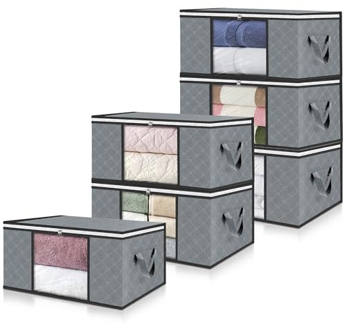 unycos - 6 Pezzi | Scatole per Vestiti 35L, Tessuto con Finestra Trasparente 48x36x20cm, Scatole/Borsa Pieghevoli, Organizzatore Sotto il Letto per Piumini, Asciugamani, Cuscini (Grigio/Nero)