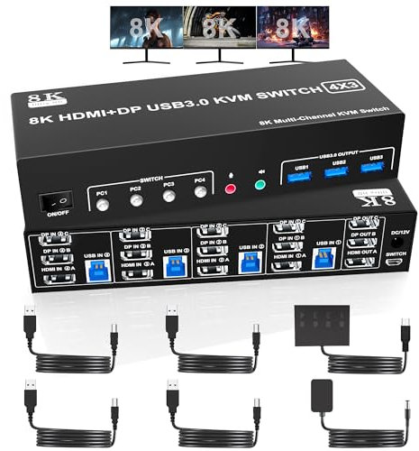 8K@60Hz 2 Displayport +HDMI USB3.0 KVM Switch 3 Monitore 4 Computer, 2 DP 1.4 +HDMI 2.1 Triple Monitor KVM Switch mit Audio Mikrofon +3 USB3.0 Ports, Triple Monitor Keyboard Mouse Switcher